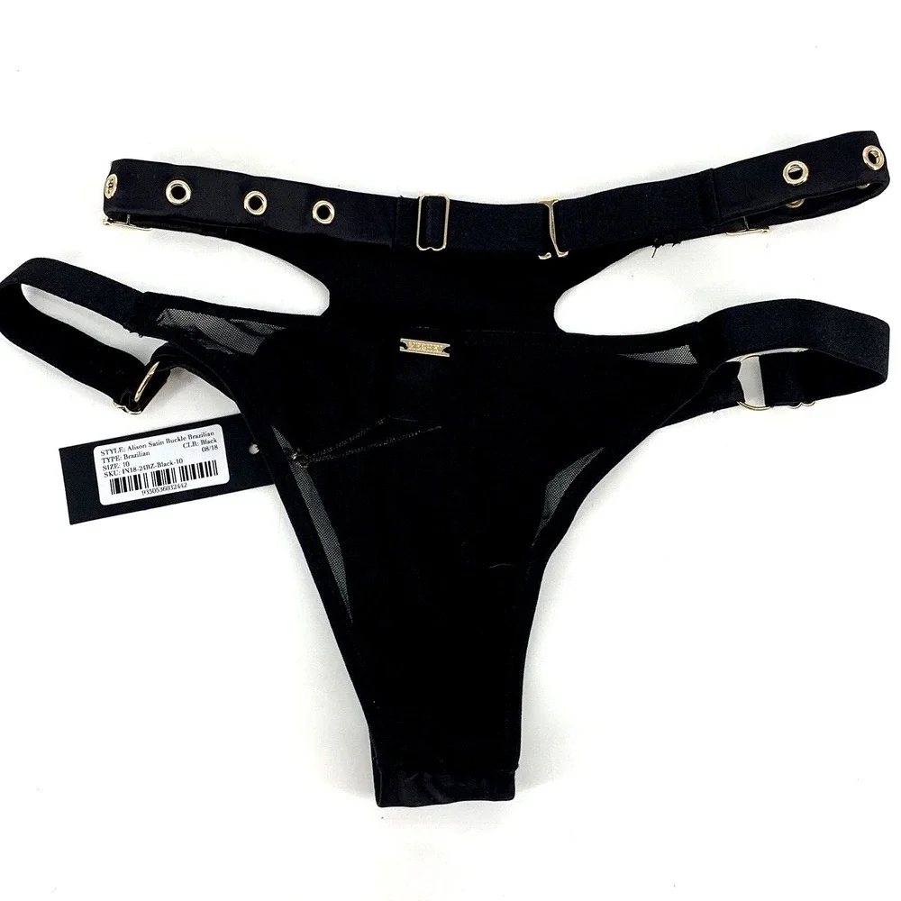 NWT MESHKI ALISON Satin Buckle Brazilian Briefs‎ Black size 10 New Bottoms Only - Picture 11 of 13